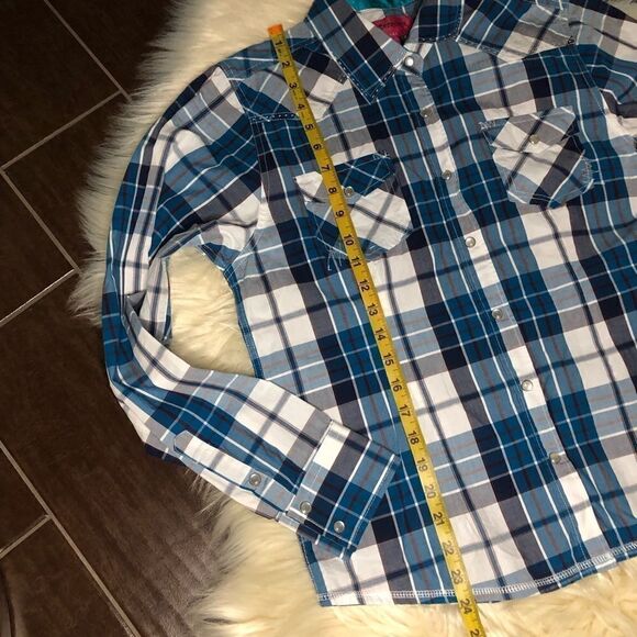 Patrona USA turquoise/navy plaid pearl snap sz LG - Picture 5 of 5